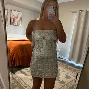 12th Tribe Silver Sequin/Fringe Mini dress -Size Small